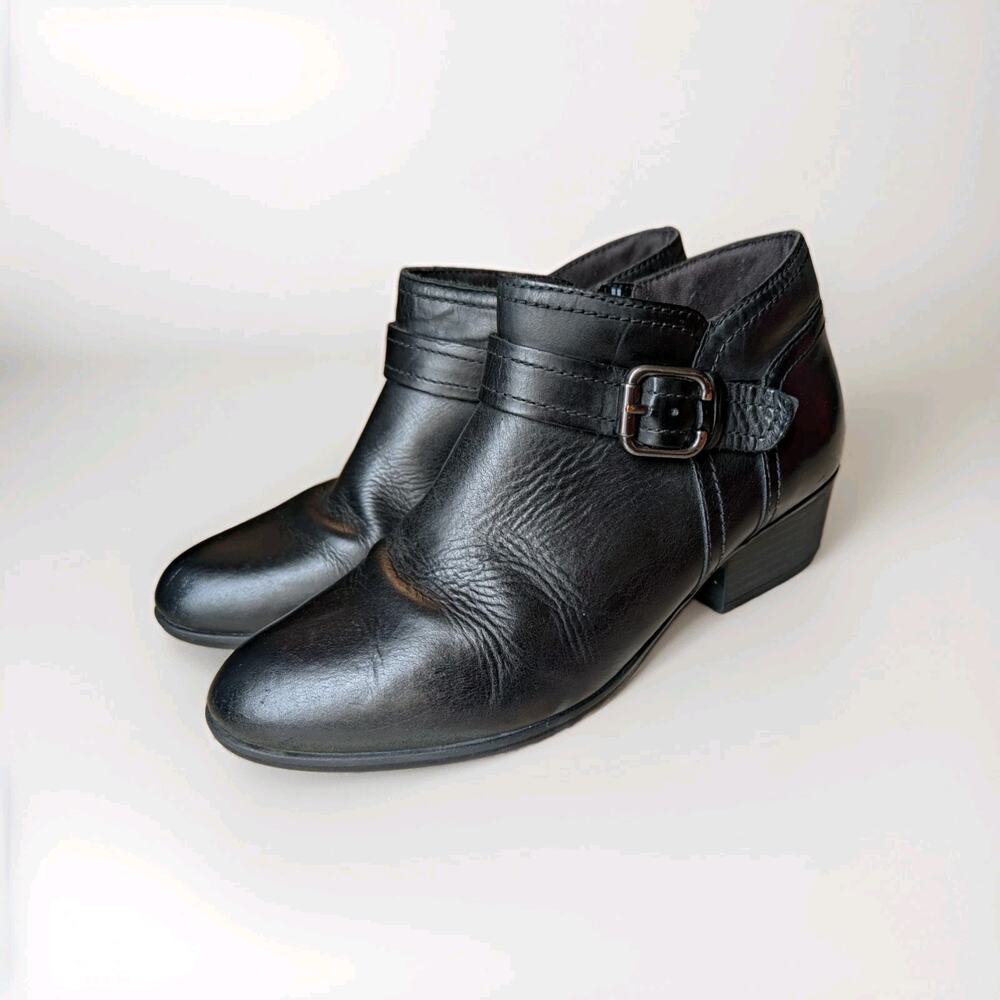 Clarks Collection Black Leather Ankle Booties Side Zip Buckle Women's US 6.5